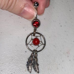 14 Gauge Dream Catcher Belly Ring, Red gem with a red bead and a silver split ri